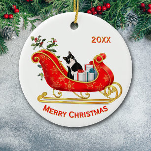 Christmas Sleigh Funny Black White Cat Ceramic Ornament