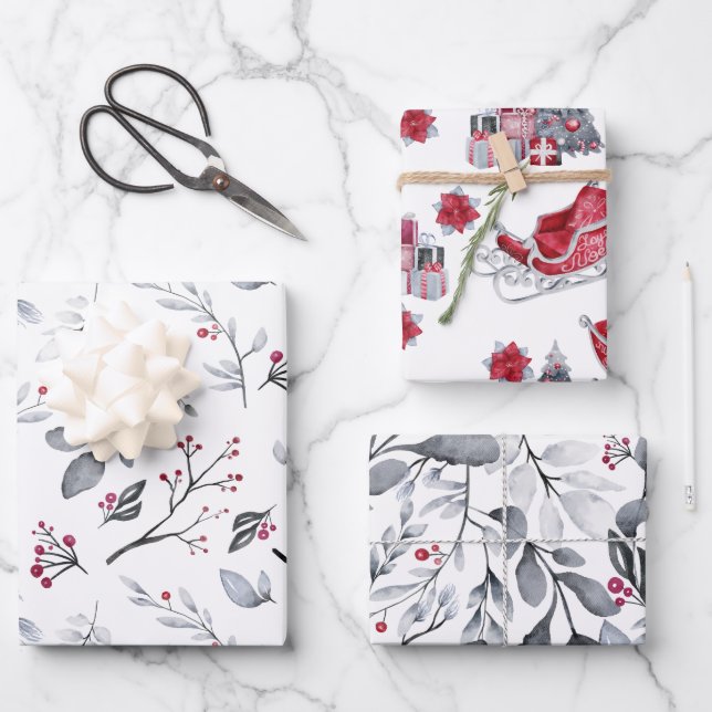 Christmas Sleigh Packages Seasonal Berries Branch Wrapping Paper Sheet (Front)