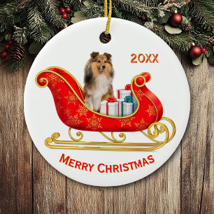 Christmas Sleigh Shetland Sheepdog Ceramic Ornament