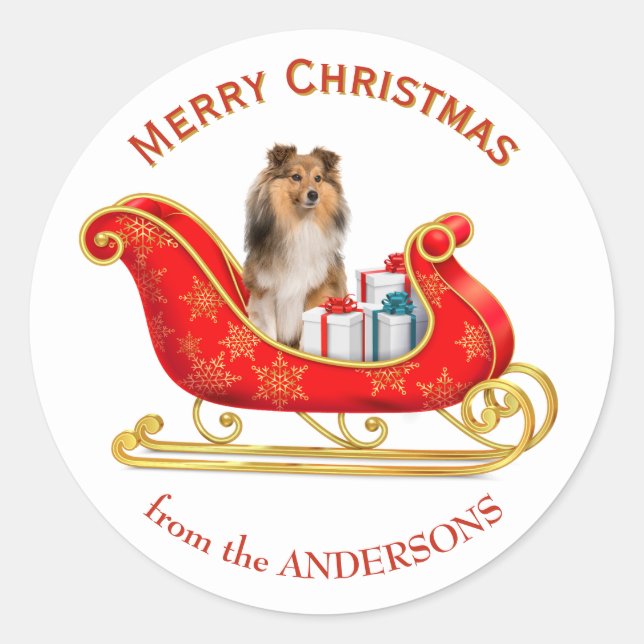 Christmas Sleigh Shetland Sheepdog Classic Round Sticker (Front)