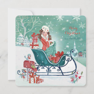 Christmas Sleigh Shopping Girl  - Greetings Holiday Card
