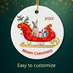 Christmas Sleigh White Bull Terrier Dog Ceramic Ornament