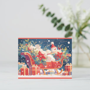 Christmas Sleigh with Gifts and Snowman Holiday Postcard
