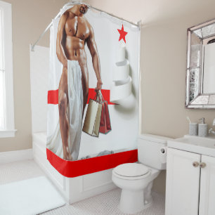 Christmas SlipperyJoe presents sexy red star holid Shower Curtain