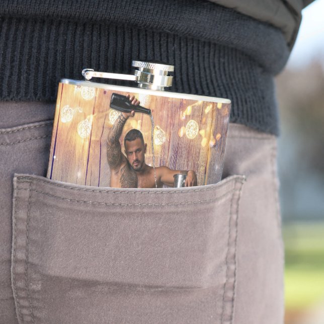 Christmas SlipperyJoe silver gold stars lights wet Hip Flask (In Situ)