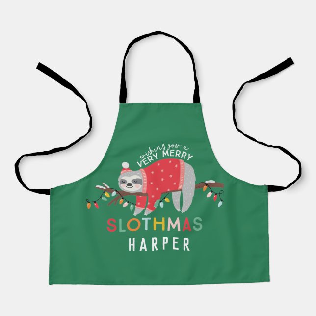 Christmas sloth bright colourful fun kids holiday apron (Front)