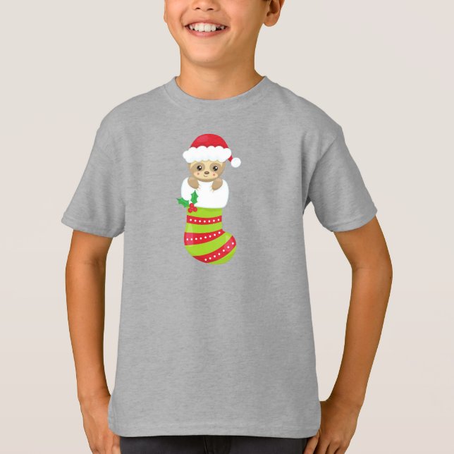 Christmas Sloth, Christmas Stocking, Santa Hat T-Shirt (Front)