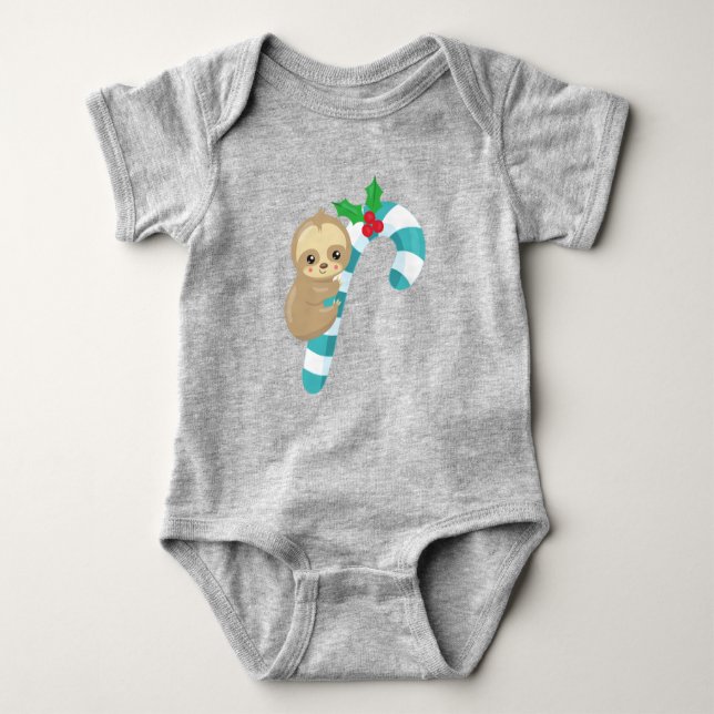 Christmas Sloth, Cute Sloth, Candy Cane, Mistletoe Baby Bodysuit (Front)