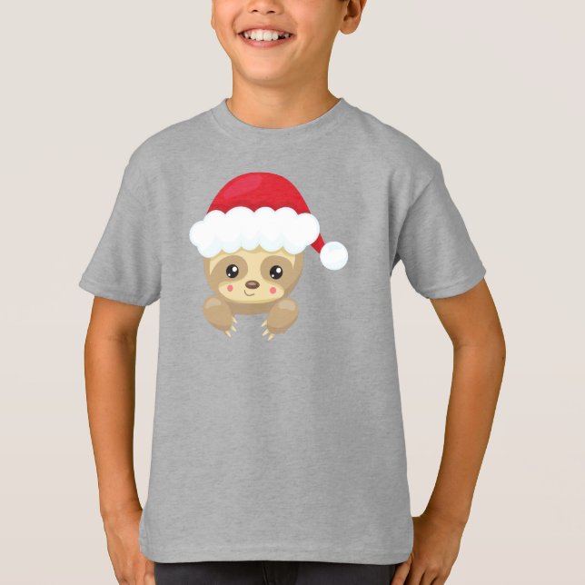 Christmas Sloth, Cute Sloth, Santa Hat, Xmas T-Shirt (Front)