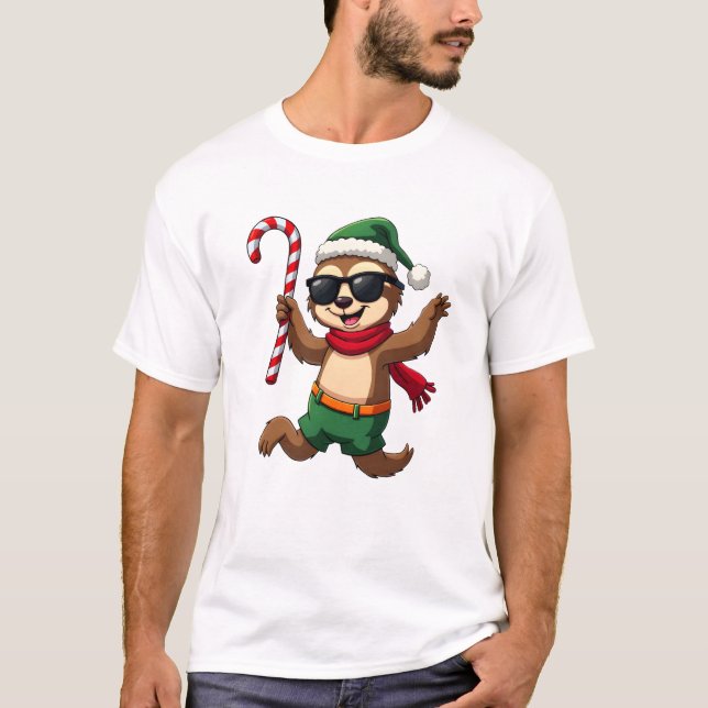 Christmas Sloth Elf Peppermint Candy Cane Shirt Gi (Front)