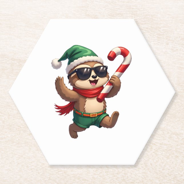 Christmas Sloth Elf Peppermint Candy Cane Shirt Gi Paper Coaster (Front)