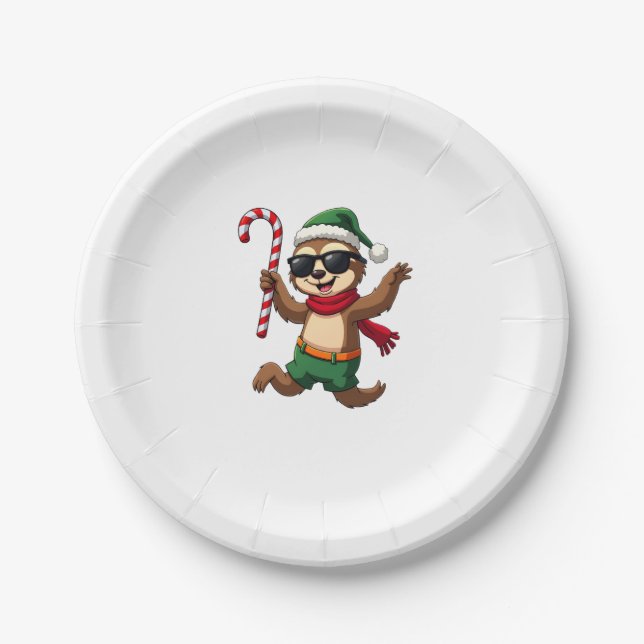 Christmas Sloth Elf Peppermint Candy Cane Shirt Gi Paper Plate (Front)