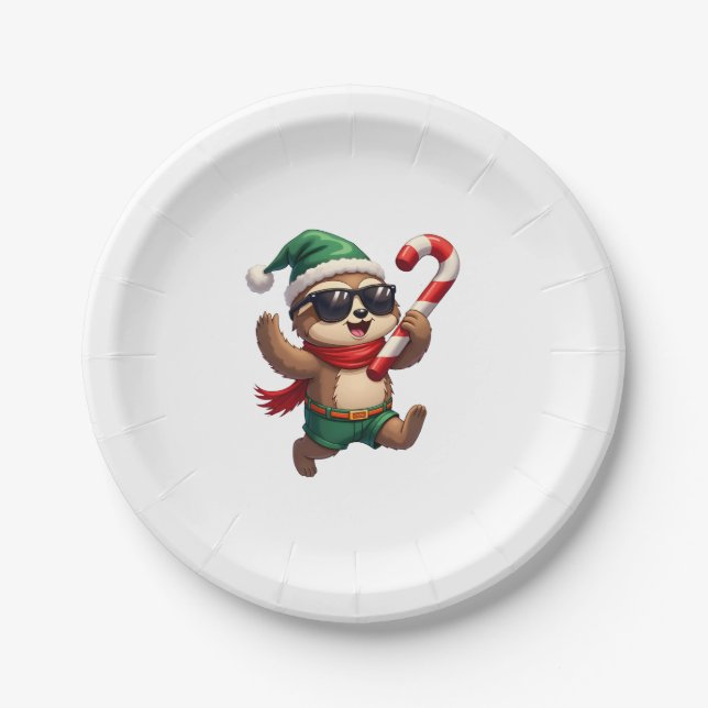 Christmas Sloth Elf Peppermint Candy Cane Shirt Gi Paper Plate (Front)