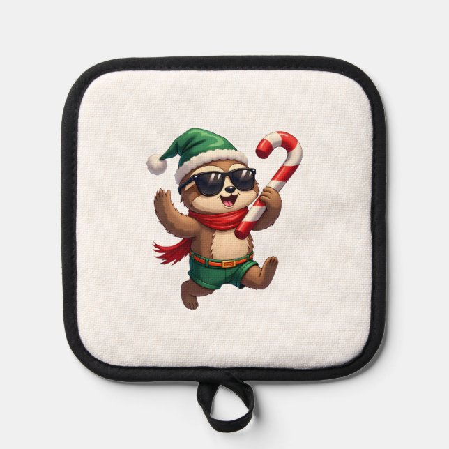 Christmas Sloth Elf Peppermint Candy Cane Shirt Gi Pot Holder (Front)
