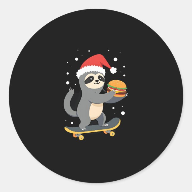 CHRISTMAS SLOTH Funny Christmas Skateboard Sloth ( Classic Round Sticker (Front)
