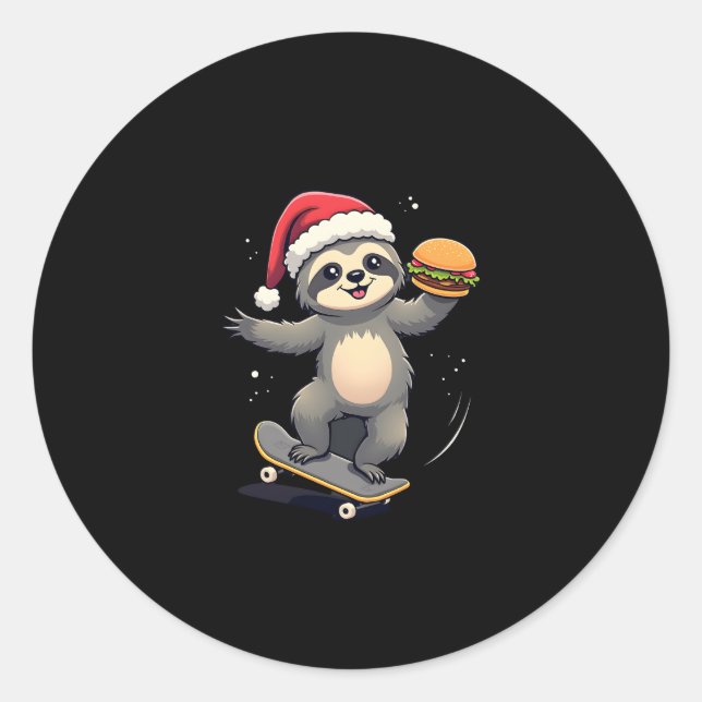 CHRISTMAS SLOTH Funny Christmas Skateboard Sloth ( Classic Round Sticker (Front)