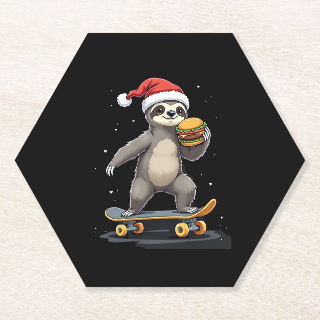 CHRISTMAS SLOTH Funny Christmas Skateboard Sloth Paper Coaster (Front)