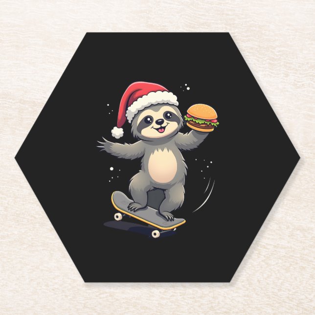 CHRISTMAS SLOTH Funny Christmas Skateboard Sloth ( Paper Coaster (Front)