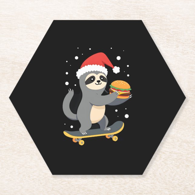 CHRISTMAS SLOTH Funny Christmas Skateboard Sloth ( Paper Coaster (Front)