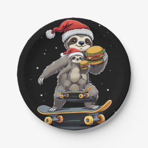 CHRISTMAS SLOTH Funny Christmas Skateboard Sloth Paper Plate