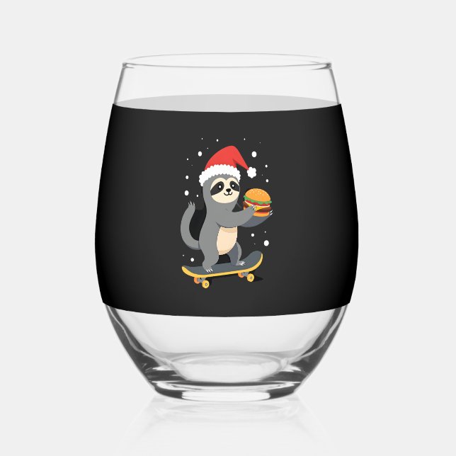 CHRISTMAS SLOTH Funny Christmas Skateboard Sloth ( Stemless Wine Glass (Front)