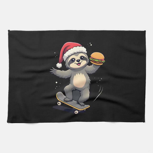 CHRISTMAS SLOTH Funny Christmas Skateboard Sloth ( Tea Towel (Horizontal)