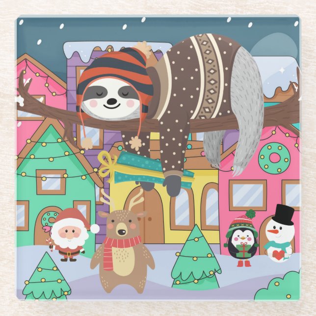 Christmas Sloth Glass Coaster (Front)