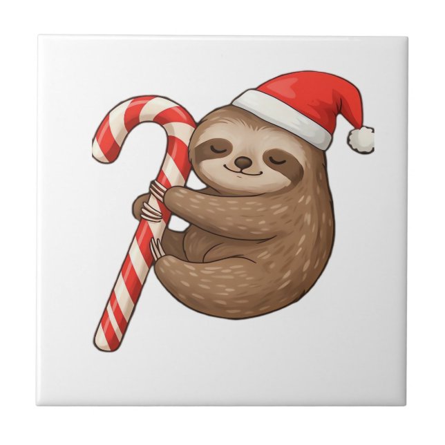 Christmas Sloth Hugging Candy Cane Classic T-Shirt Ceramic Tile (Front)