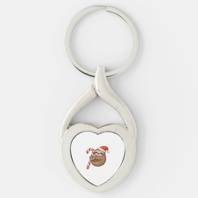 Christmas Sloth Hugging Candy Cane Classic T-Shirt Key Ring (Front)