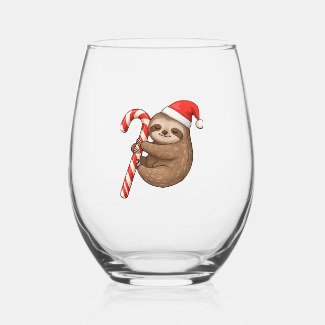 Christmas Sloth Hugging Candy Cane Classic T-Shirt Stemless Wine Glass (Front)
