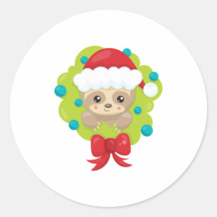 Christmas Sloth in a Christmas Wreath Classic Round Sticker
