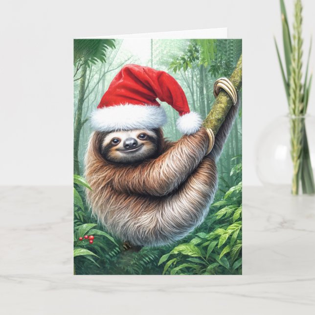 Christmas Sloth In Rainforest Card (Front)