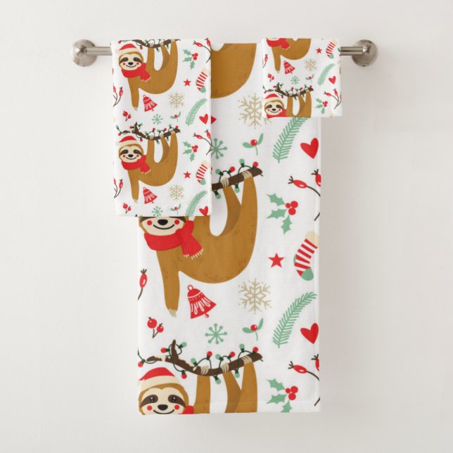 Christmas Sloth Pattern Bath Towel Set (Insitu)