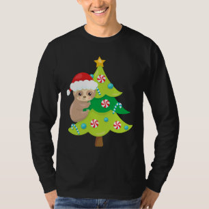 Christmas Sloth Santa Hat Sloth Climbing On A Chri T-Shirt