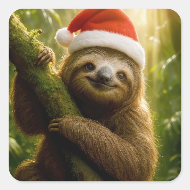 Christmas Sloth Wearing a Santa Hat Square Sticker (Front)