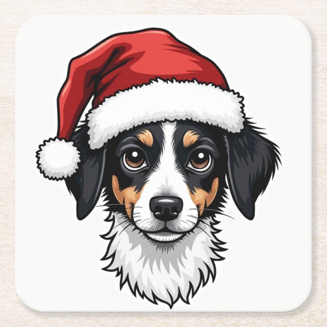 Christmas Small Dog in Santa Hat Square Paper Coaster (Front)