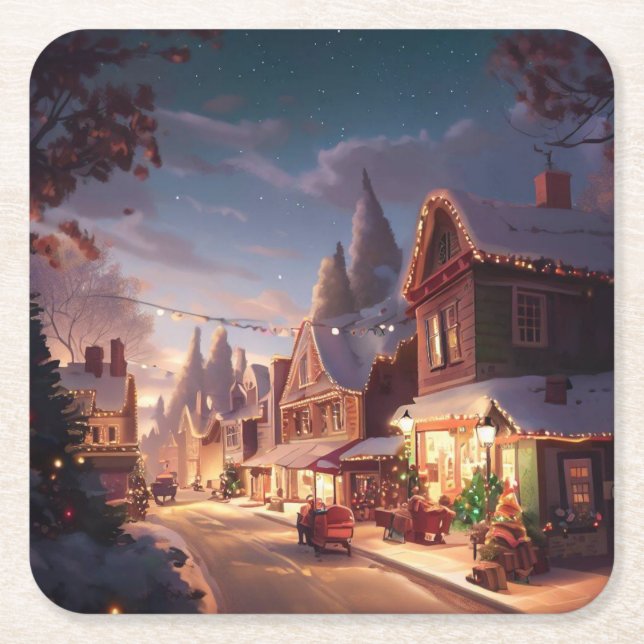 Christmas Small Town 5 Square Paper Coaster (Front)