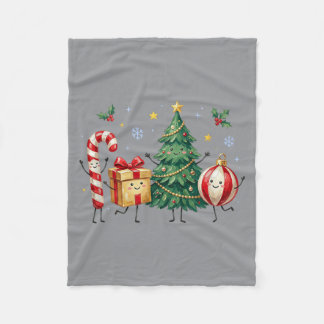 Christmas Smiling Characters Candy Cane Xmas Tree Fleece Blanket