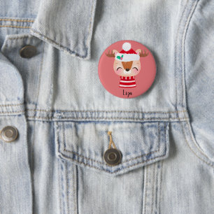 Christmas Smiling Reindeer Face 6 Cm Round Badge