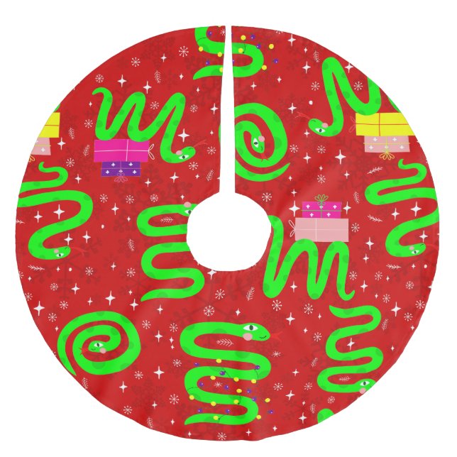 christmas snakes xmas lights snowflakes red  brushed polyester tree skirt (Front)