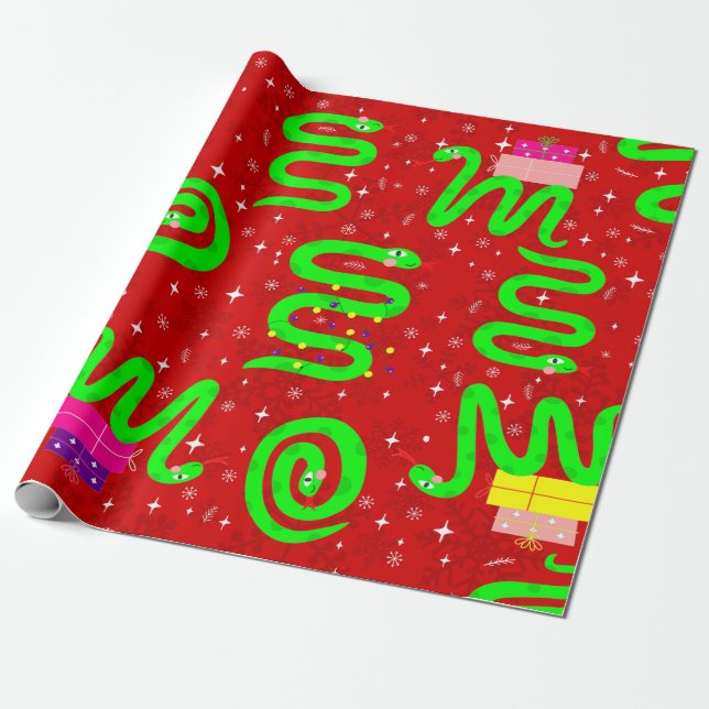 christmas snakes xmas lights snowflakes red  wrapping paper (Unrolled)