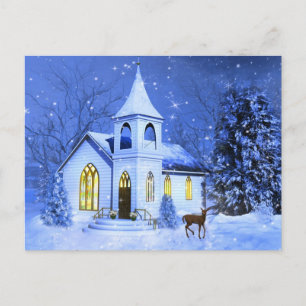 Christmas, Snow and Church Holiday Postcard