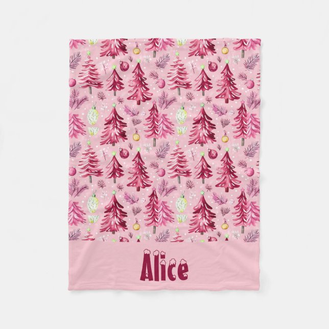 Christmas Snow and Trees Fuchsia & pink with name Fleece Blanket (Front)