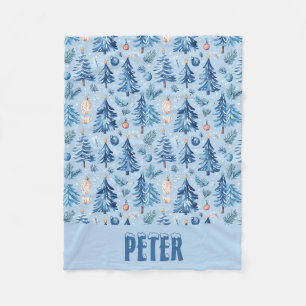 Christmas Snow and Trees Light Blue with name Fleece Blanket