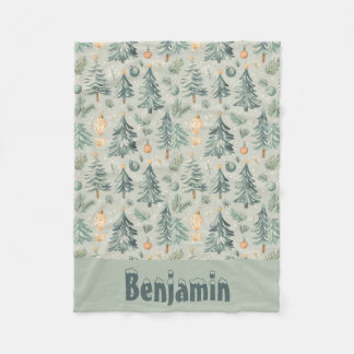 Christmas Snow and Trees moss green with name Fleece Blanket