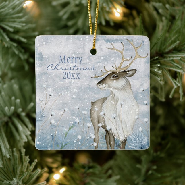 Christmas Snow Animal Deer Typography Personalise Ceramic Ornament (Tree)