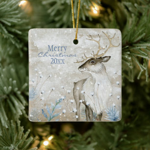Christmas Snow Animal Deer Typography Personalise Ceramic Ornament