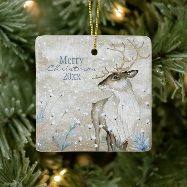 Christmas Snow Animal Deer Typography Personalise Ceramic Ornament (Tree)