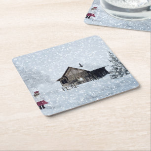 Christmas Snow at the Cabin Square Paper Coaster