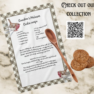 Christmas Snow Bird Recipe Keepsake Beige Plaid Tea Towel